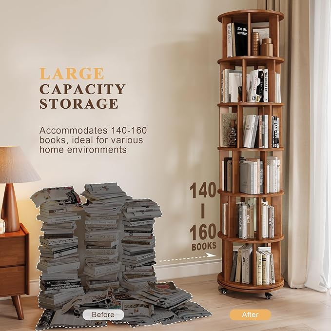 6-Tier Rotating Bookshelf with Wheels, Space-Saving Wooden Bookcase Tower
