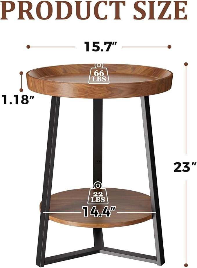 Round End Table with Storage Shelf – 2-Tier Farmhouse Side Table for Living Room & Bedroom, Brown