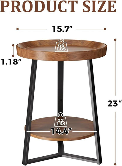 Round End Table with Storage Shelf – 2-Tier Farmhouse Side Table for Living Room & Bedroom, Brown