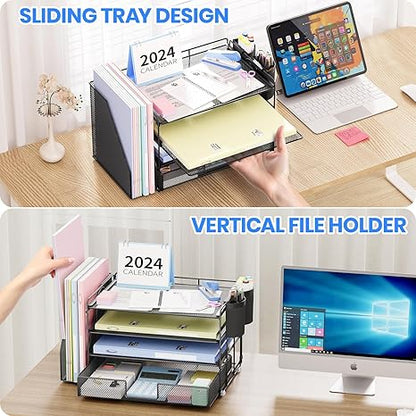 4-Tier Desktop File Organizer with Drawer and Pen Holders – Desk Organizer for Office Supplies (Black)