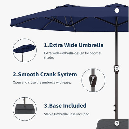 15FT Double-Sided Patio Umbrella with Base – Large Outdoor Market Canopy with Crank Handle, UV Resistant, Navy Blue