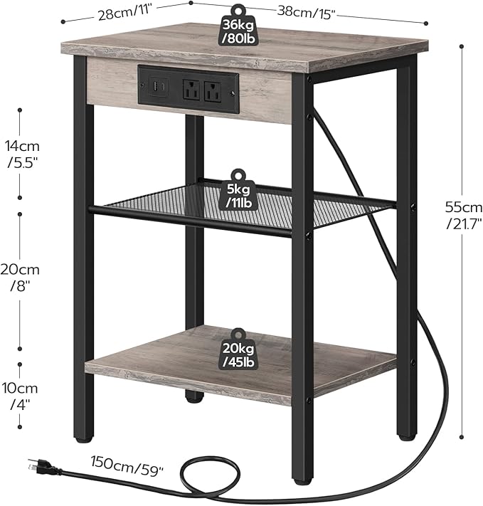 Set of 2 End Tables with Charging Station, 3-Tier Nightstands with USB Ports