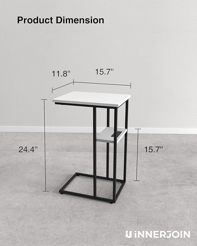Side Table Set of 2, C-Shaped End Tables with USB Charging & LED Light, Small Sofa Laptop & Snack Tables, White