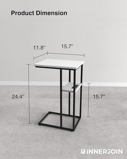 Side Table Set of 2, C-Shaped End Tables with USB Charging & LED Light, Small Sofa Laptop & Snack Tables, White
