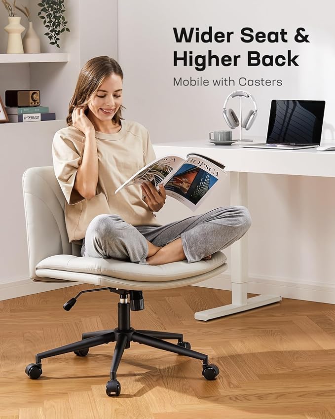 Armless PU Leather Office Chair with Wheels – Light Beige