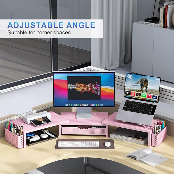 Dual Monitor Stand Riser with Drawer and Pen Holders, Pink Desk Organizer