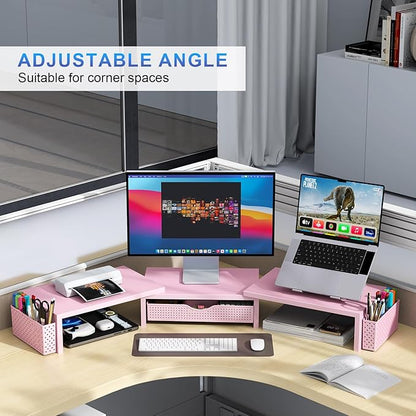 Dual Monitor Stand Riser with Drawer and Pen Holders, Pink Desk Organizer