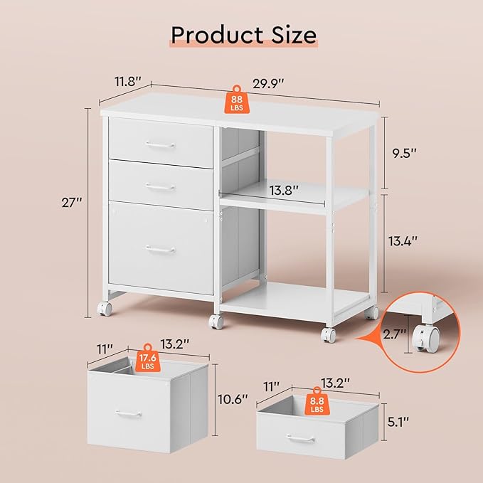3-Drawer Rolling File Cabinet with Open Shelf – White