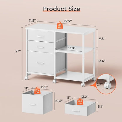 3-Drawer Rolling File Cabinet with Open Shelf – White