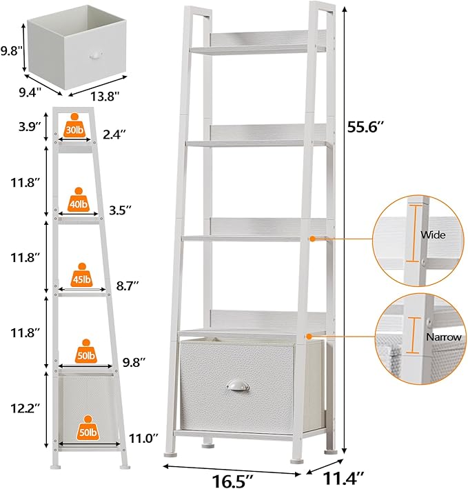 5-Tier Ladder Shelf with Drawer, Tall Narrow Bookshelf Storage Rack for Living Room, Bedroom, Home Office – White