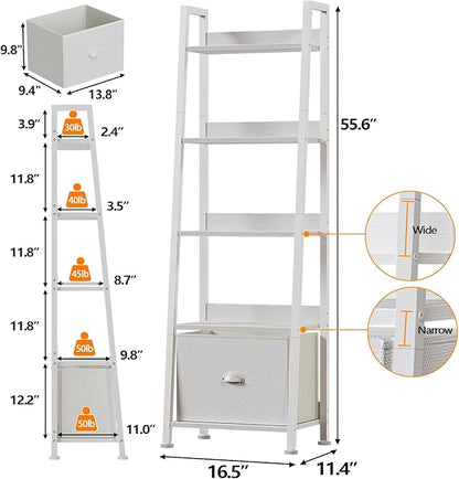 5-Tier Ladder Shelf with Drawer, Tall Narrow Bookshelf Storage Rack for Living Room, Bedroom, Home Office – White