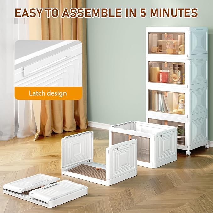 Stackable 4-Tier Storage Bins with Lids and Wheels, Foldable Plastic Containers for Home & Office