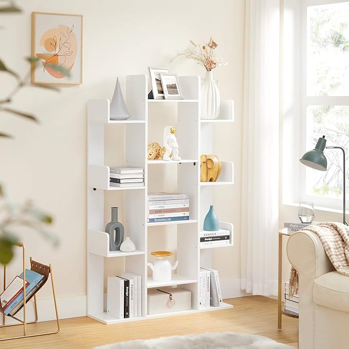 Tree-Shaped Bookshelf with 13 Shelves, Rounded Corners, White, 55" H