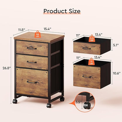 3-Drawer Mobile Fabric File Cabinet with Wheels – A4/Letter Size, Rustic Brown