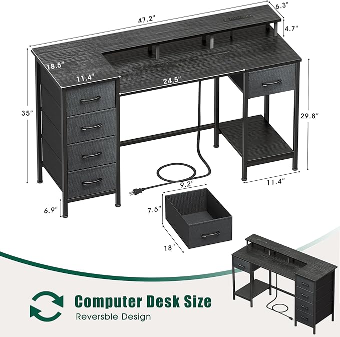 47" Gaming Desk with LED Lights, Power Outlets & 5 Fabric Storage Drawers