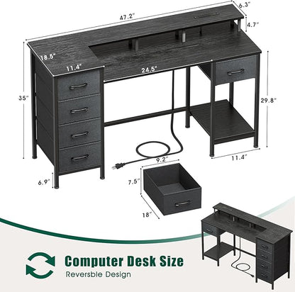 47" Gaming Desk with LED Lights, Power Outlets & 5 Fabric Storage Drawers
