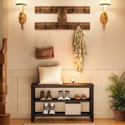 Hall Tree with Storage Bench, Coat Rack and Shoe Organizer, Rustic Brown/Black