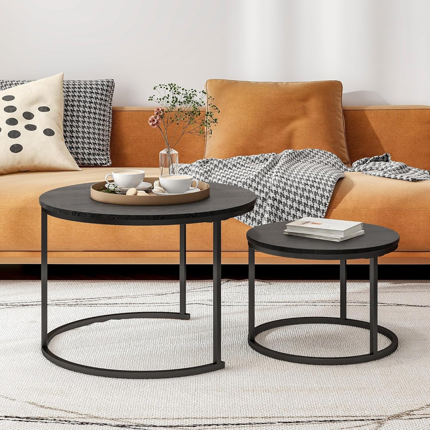 Round Nesting Coffee Table Set of 2 – Living Room End Tables with Metal Frame, Black