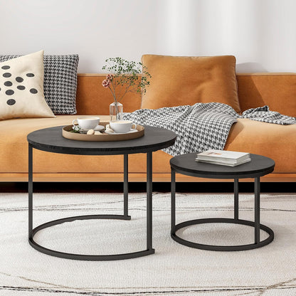 Round Nesting Coffee Table Set of 2 – Living Room End Tables with Metal Frame, Black