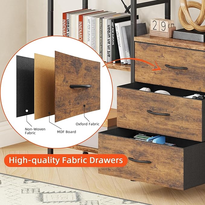 Triple Bookshelf with Fabric Drawers, 4-Tier Storage and Display Shelves, Rustic Brown
