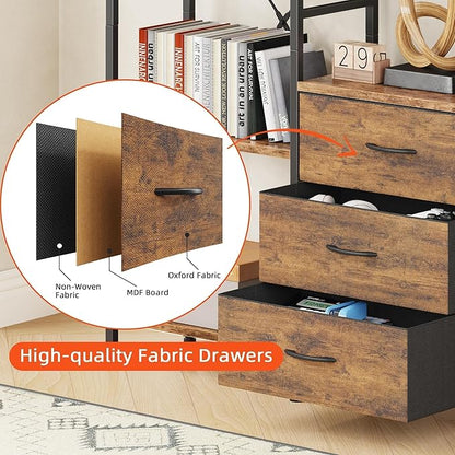 Triple Bookshelf with Fabric Drawers, 4-Tier Storage and Display Shelves, Rustic Brown