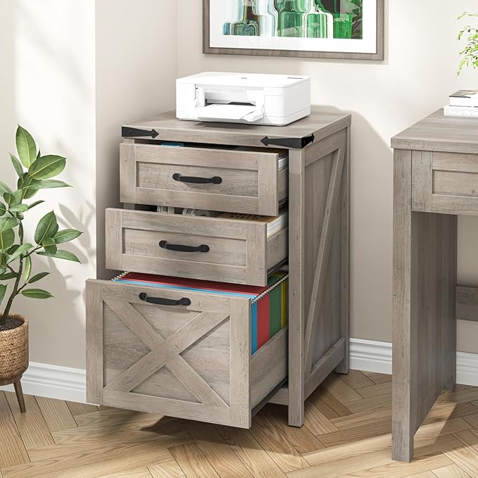 3-Drawer Vertical File Cabinet – Farmhouse Wood Storage, Fits Letter/A4, Grey
