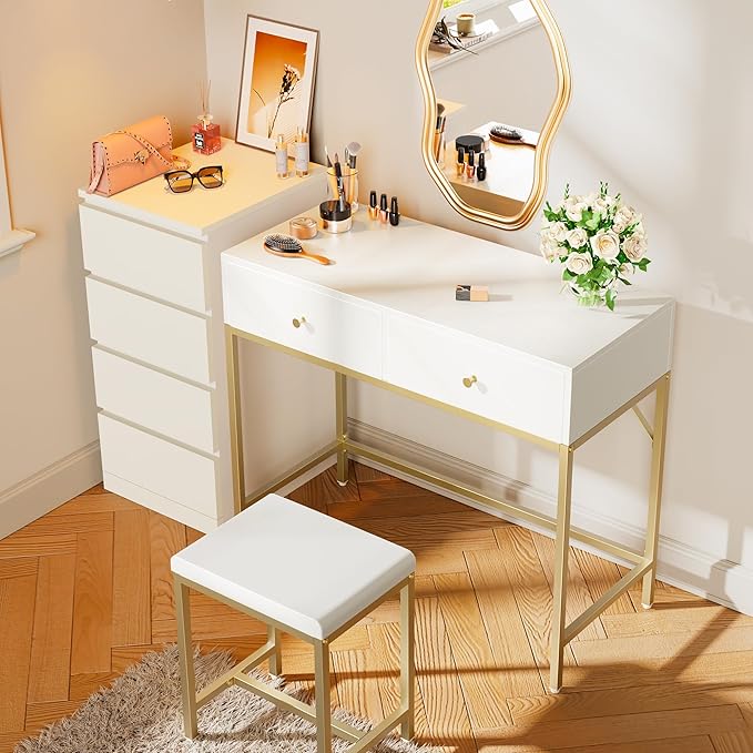 35.4" White and Gold Desk with 2 Drawers and Stool, Modern Vanity or Small Computer Desk