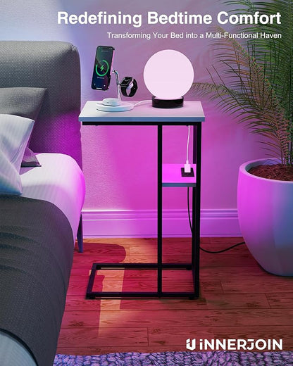 Side Table Set of 2, C-Shaped End Tables with USB Charging & LED Light, Small Sofa Laptop & Snack Tables, White