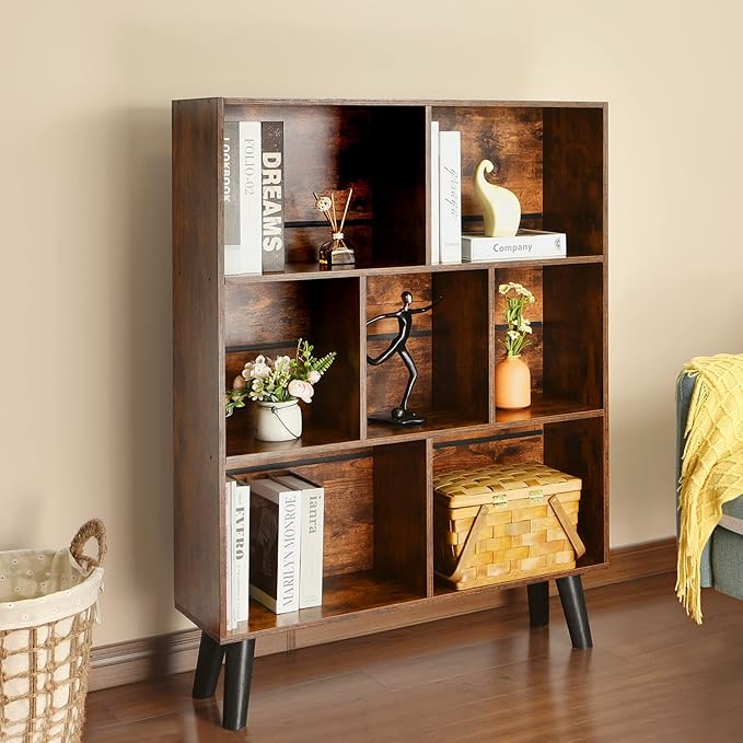 3-Tier Cube Bookshelf with Legs – Mid-Century Rustic Brown Wood Storage Organizer for Bedroom, Living Room, or Office