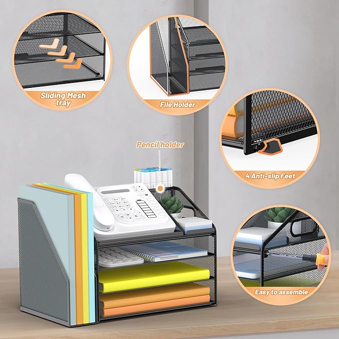 4-Tier Mesh Paper Tray File Organizer with Handle and Pen Holder – Black