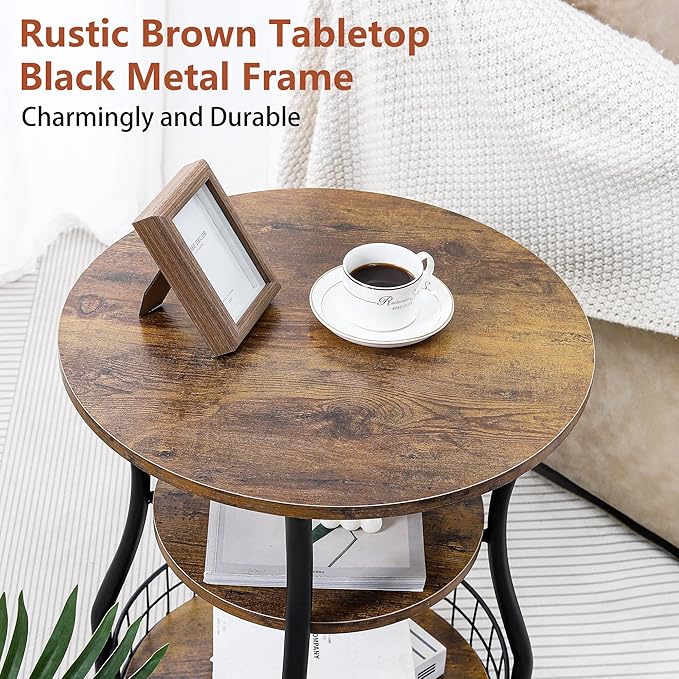 Round 3-Tier Side Table with Storage Shelves, Rustic Brown