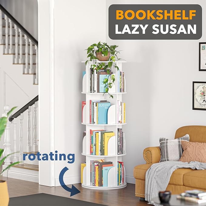 4-Tier Rotating Bookshelf Tower, 360° Spinning Bookcase Carousel Organizer – White