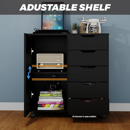 5-Drawer Chest with Door – Wooden Storage Dresser Cabinet on Wheels, Black