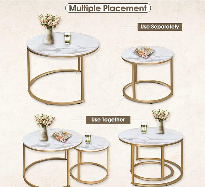 Nesting Coffee Table Set of 2, Round Marble Pattern with Gold Frame for Living Room & Bedroom