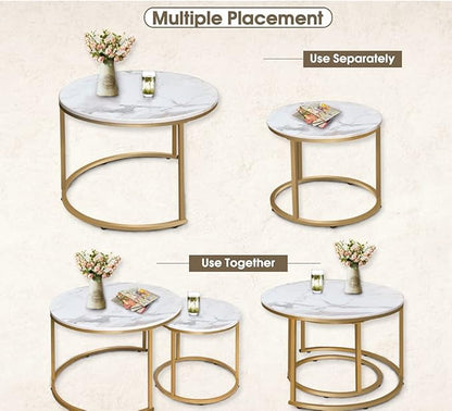 Nesting Coffee Table Set of 2, Round Marble Pattern with Gold Frame for Living Room & Bedroom