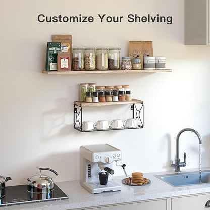 Over Toilet Bathroom Shelf with Storage Basket, Floating Wall Shelves for Home, Kitchen, Living Room – Natural Wood