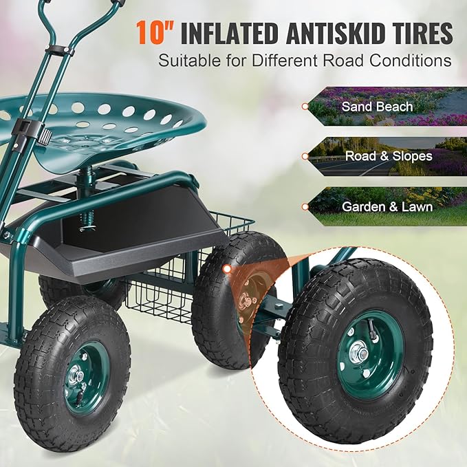 Rolling Garden Cart with Swivel Seat, Wheels & Tool Tray – Green