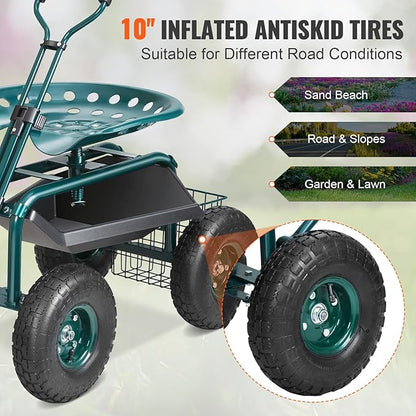 Rolling Garden Cart with Swivel Seat, Wheels & Tool Tray – Green