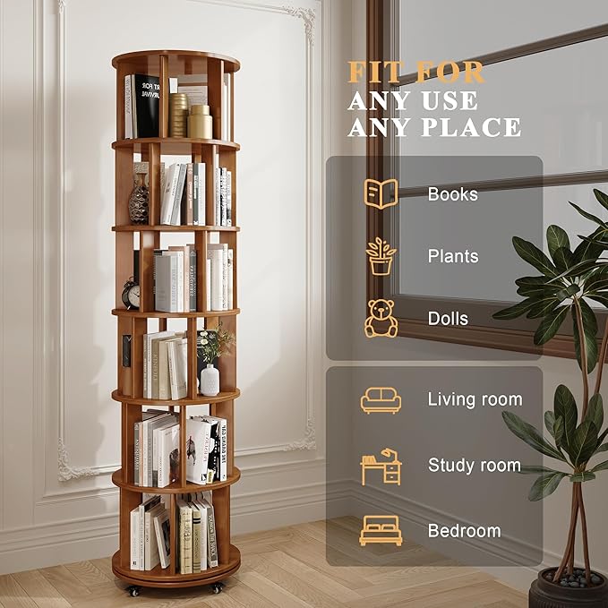 6-Tier Rotating Bookshelf with Wheels, Space-Saving Wooden Bookcase Tower
