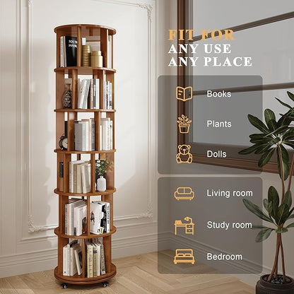 6-Tier Rotating Bookshelf with Wheels, Space-Saving Wooden Bookcase Tower