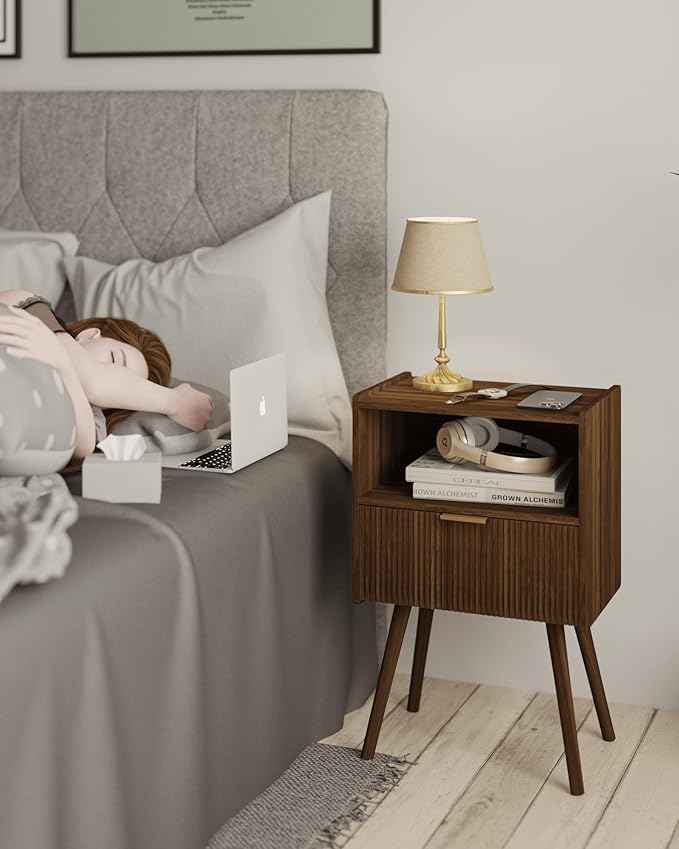 Modern Nightstand with Drawer and Open Shelf, Bedside Table for Bedroom, Living Room, or Small Spaces, Walnut Brown
