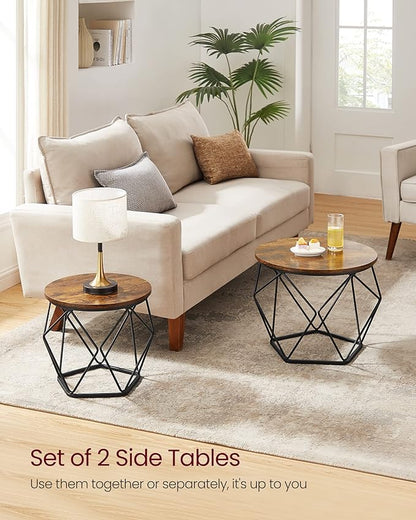 Round Coffee Table Set of 2 with Steel Frame, Side End Tables for Living Room, Bedroom, Office, Rustic Brown and Black