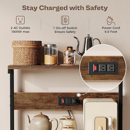 ChatGPT said:  Kitchen Baker’s Rack with Power Outlet – 4-Tier Coffee Bar & Microwave Stand with Hooks, Rustic Brown