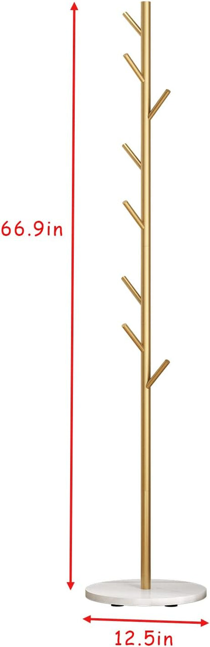 Gold Metal Coat Rack with Marble Base – Freestanding Entryway Stand with Hooks for Clothes, Hats & Bags