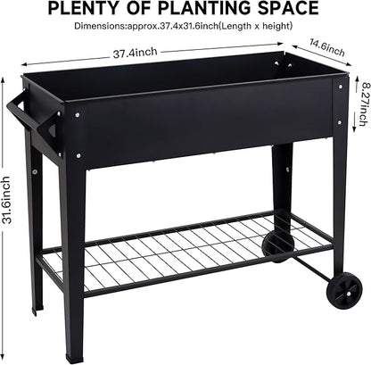 Raised Garden Bed with Wheels & Shelf, 32" Tall Steel Planter Box for Vegetables & Herbs, 400 lbs Capacity