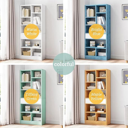 Wooden 8-Cube Bookcase with Drawer, Freestanding Storage Cabinet Organizer, Tiffany Green