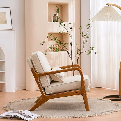 Mid-Century Modern Accent Chair with Pillow, Linen Upholstered Armchair with Solid Wood Frame – Beige