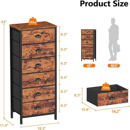 Tall Dresser with 6 Drawers, Fabric Storage Organizer for Bedroom, Living Room, Closet, Entryway (Rustic Brown)