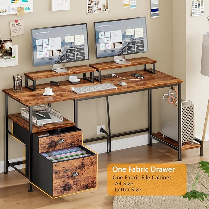 Home Office Desk with Monitor Stands, Drawer & Shelves, Rustic Broen