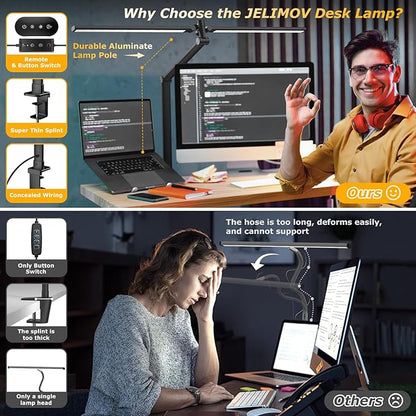 LED Desk Lamp with Remote, Dual Monitor Light, Stepless Dimming & Memory Function – Black